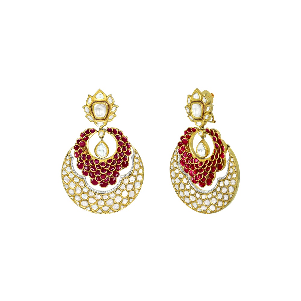 Red Stone Pachi Chandbali Earrings with Polkis